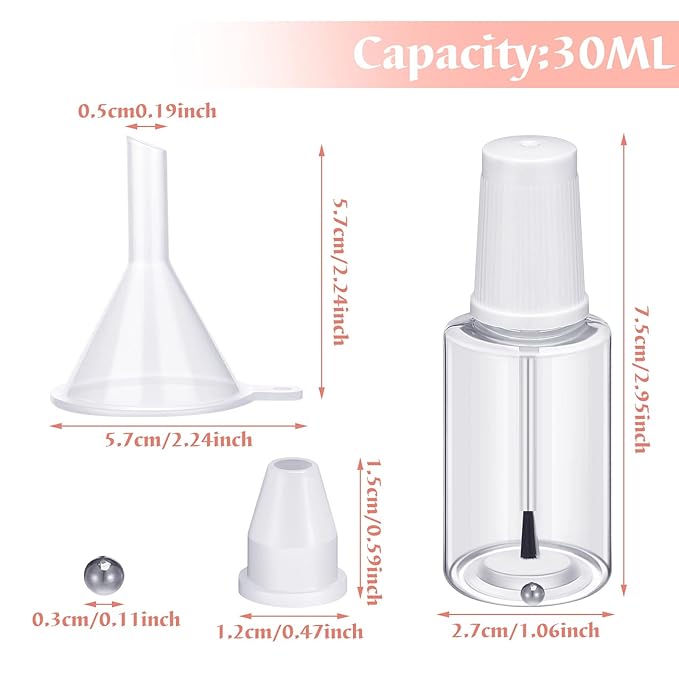 Irenare 10 Pcs Refillable Empty Nail Polish Bottles with Brush Mixing Marble Conservation Insert and Brush Top Plastic Nail Polish Container, Clear (30 ml)