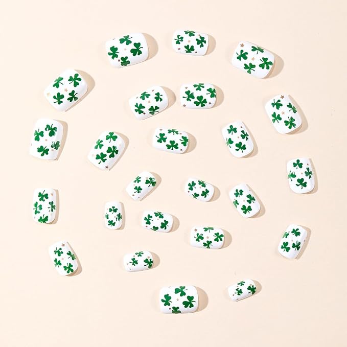 24Pcs St. Patrick's Day Fake Nails Green Shamrock Press on Nails Short Square False Nails Four Leaf Clover Glue on Nails Irish St. Patrick's Day Acrylic Stick on Nail Spring Artificial Nails for Women