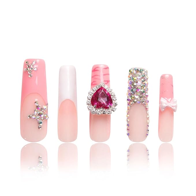 LOVFUL Press on Nails Rocking Kitty| Handmade with Full Covered Crystals| Reusable Fake Nails| Square Mid length 1.7in| H257-S
