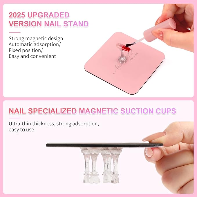 ANGNYA Nail Stand for Press Ons,Square Shape Super Magnetic Base Nail Holder for Painting Nails with 200 Pcs Reusable Double-Sided Tape for Nails Practice Nail Tools Home DIY Salon Supplies