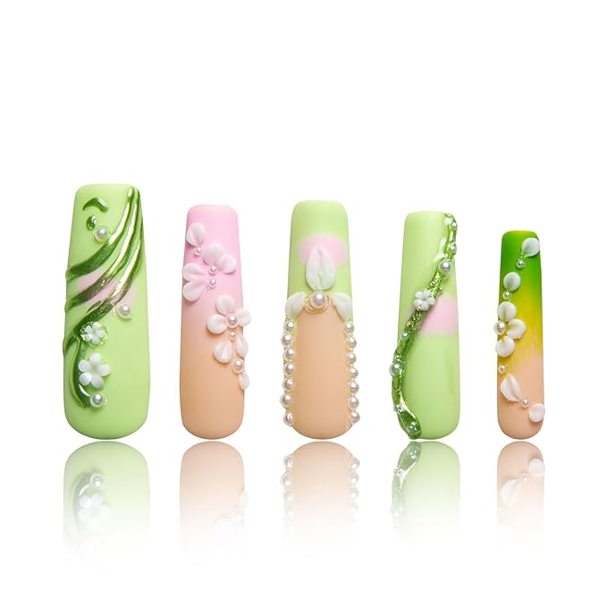 LOVFUL Press on Nails Green Fairy| Handmade with Full Covered Crystals| Reusable Fake Nails| Square Mid length 1.7in| H246-S