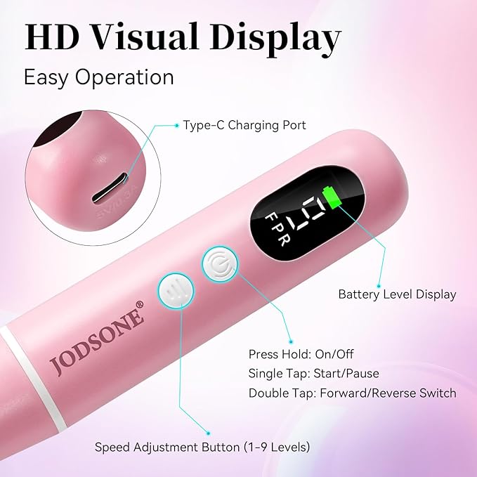 JODSONE Cordless 20000 RPM Portable Nail Drill Multifunctional Low Noise with LED Display Rechargeable Professional Nail Drill for Home Nail Salon Pink