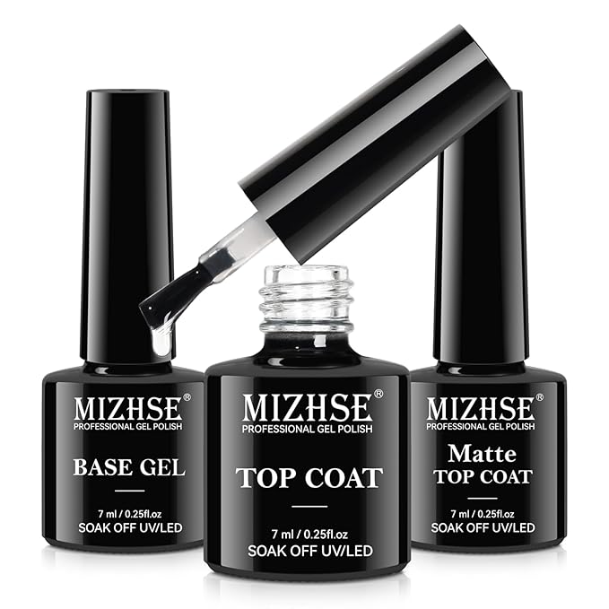 MIZHSE Base and Top Coat Set for Gel Nail Polish, Matte & Shiny No Wipe Top Coat, Long Lasting Salon Quality High Gloss Soak Off Nail Art Manicure Home