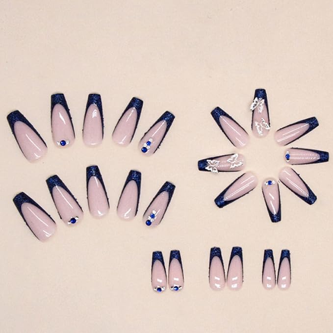 Long Press on Nails Square French Fake Nails Full Cover Nude Acrylic False Nails for Women and Girls 24PCS (Blue Butterfly)