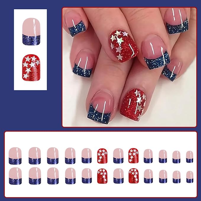 24Pcs 4th of July Press on Nails Short Square Fake Nails with Glitter American Flag Star Design Glue on Nails Blue French Tip False Nails Independence Day Patriotic Acrylic Nails Decoration Kit