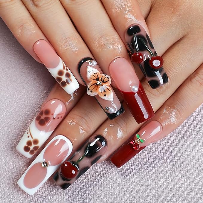 Trendy Cherry Leopard Press-On Nails 10pcs, Handmade Acrylic Square Tips with 3D Blossom Art & White French Mix, Tortoiseshell Accents, Reusable Full Cover Nail Set for Fashion Everyday Style – Appife