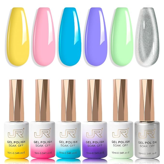 JR Jelly Gel Nail Polish Set, 16ml Full Size Bottle 6 Colors Jelly Yellow Blue Green Silver 9D Cateye Nail Gel Polish Gift Soak Off Led Nail Art Kit Salon DIY Colorful Bottle D