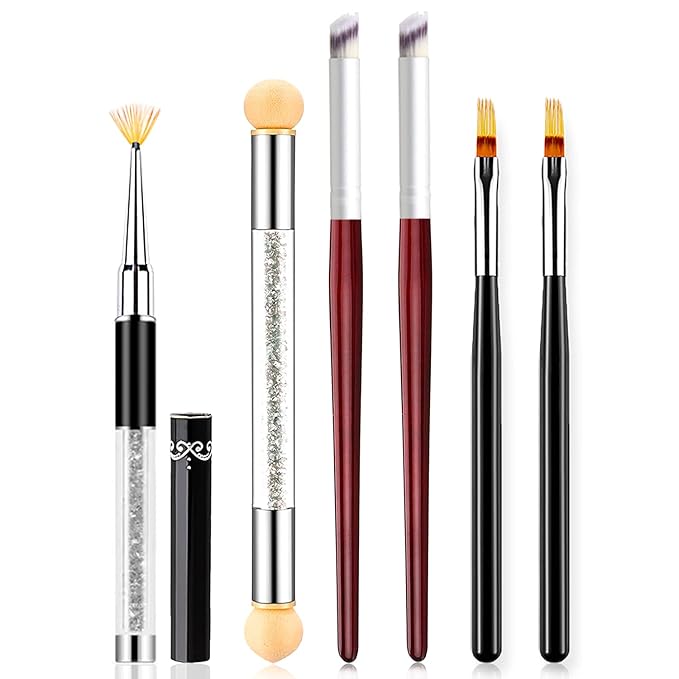 SILPECWEE 6Pcs Ombre Brush For Gel Nails Acrylic Nail Art Brush Fan Nail Brush Nail Gradient Pen Nail Sponges Pens Nail Art Tools For Salon&DIY