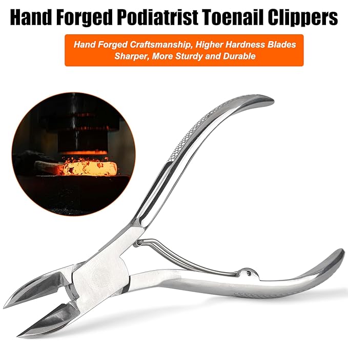 Podiatrist Toenail Clippers, Super Sharp and Wear-Resistant Toe Nail Cutters for Thick and Ingrown Nails, Hand Forged Stainless Steel Pedicure Clippers for Men Women Seniors, Curved Blade
