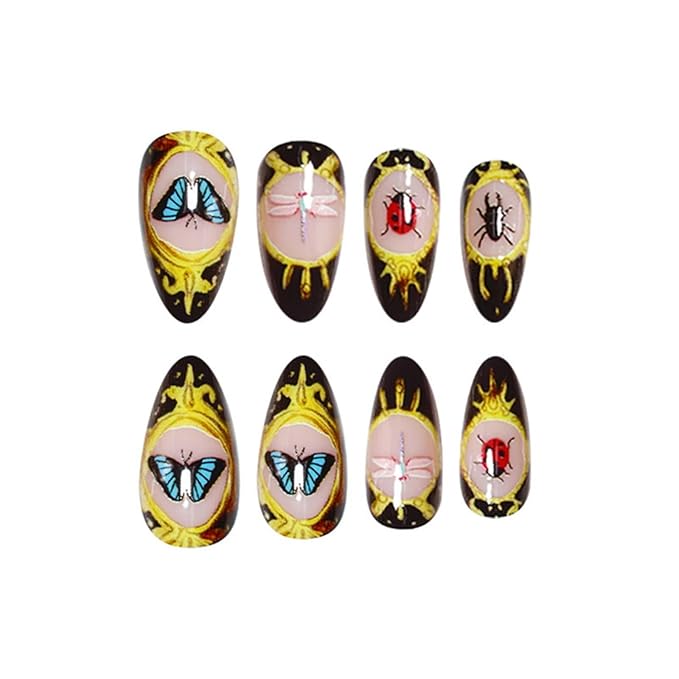 Short Press on Nails Almond Fake Nails Black False Nails Artificial Nails with Insect DesignsGold CharmStick on Nails for Women 24pcs