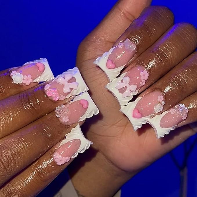 French Tip Press on Nails Handmade Short Duck 3D Floral Thick Acrylic Nails Cute False Nails with Bow Rose Flower Designs White Glossy Fake Nail Sturdy Art Press on Nail 10Pcs(S)