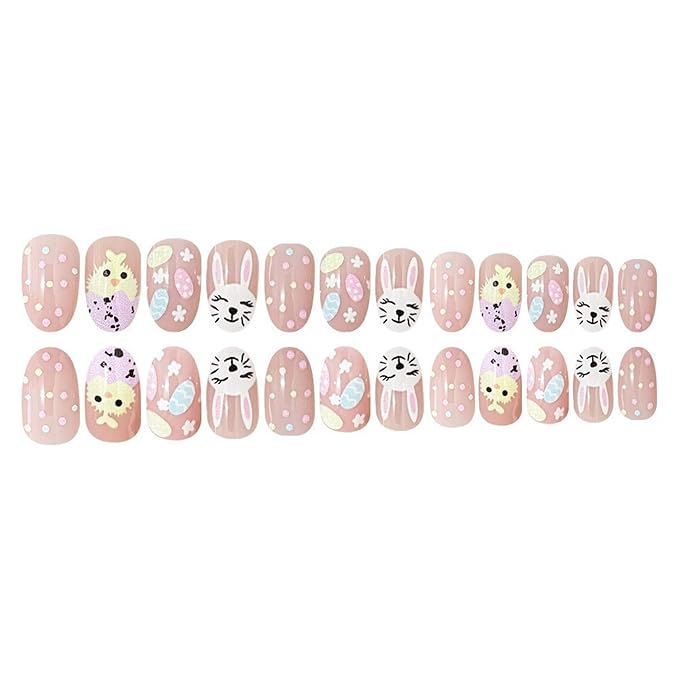 Easter Cute Rabbit Press on Nails Short Almond Fake Nail Bunny & Easter Eggs Designs Full Cover Cartoon Chick Acrylic Nails Stick on Nail for Women Nail Art Style Fingertip Manicure 24 Pcs