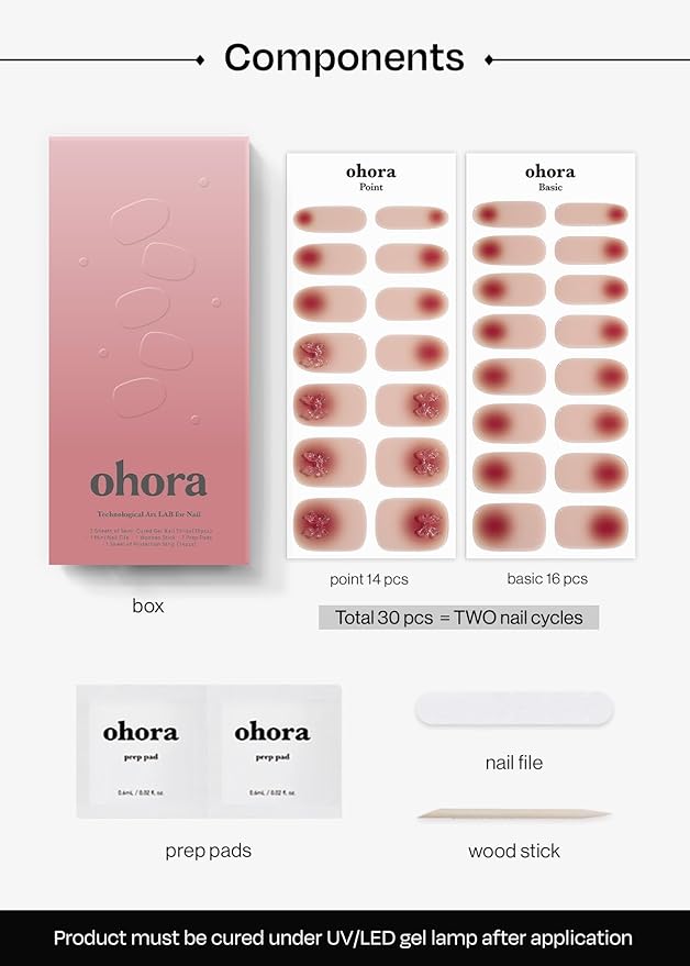 ohora Semi Cured Nail Strips (N Dear Gift) - Works with Any UV/LED Lamps, Salon-Quality, Long Lasting, Easy to Apply & Remove - Includes 2 Prep Pads, Nail File & Wooden Stick