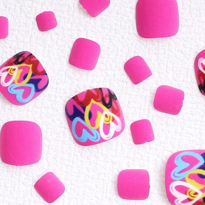 24Pcs Pink Heart Press on Toenails Short Square Fake Toe Nails with Colorful Love Hearts Valentines Acrylic Artificial Full Cover False Stick on Toenails for Women Decoration 24Pcs