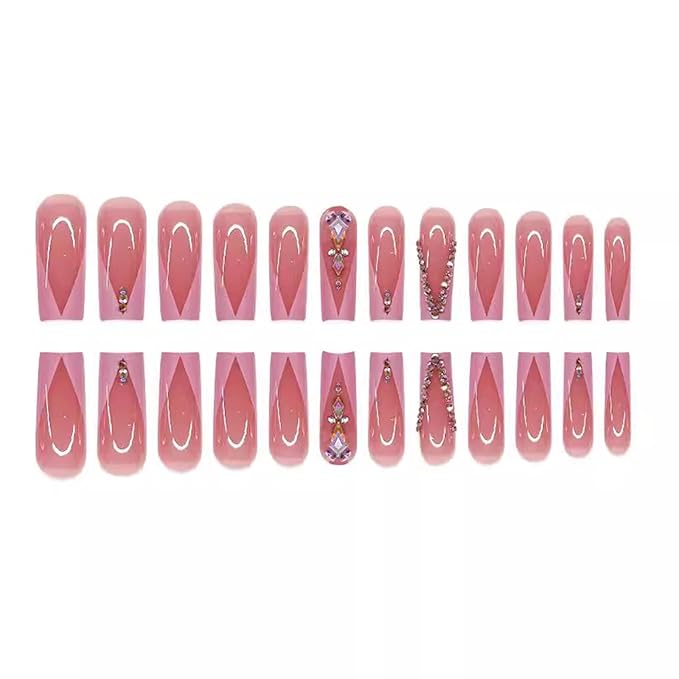 48Pcs Square Press on Nails Long & Press on Toenails Set, Pink French Tip Fake Nails Rhinestone Designs Pink Press on Toenails Full Cover Acrylic Glue on Nails for Women Manicure Kit