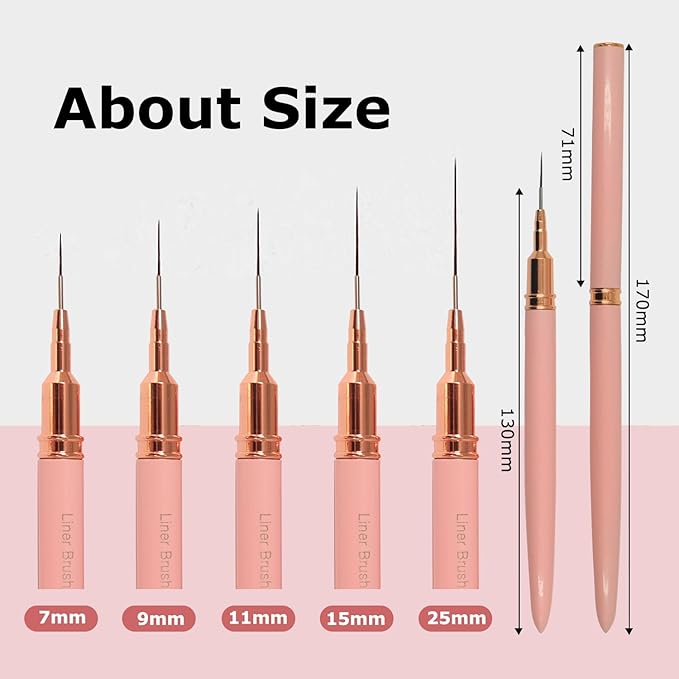 Professional Detail Nail Art Paint Liner Brush Set, 5Pcs Small Polish Design Tech Nail Tip Fine Line Striping Brushes, 25/15/11/9/7Mm Skinny Long Bristle Nails Drawing Pincel Para Uñas, Pink