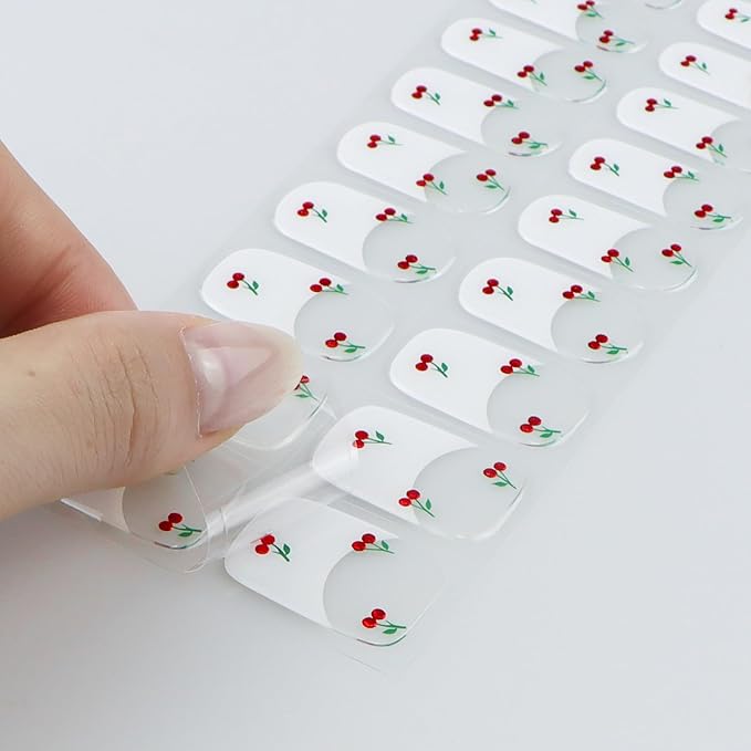 JMEOWIO Gel Nail Stickers Cherry French Tip Semi Cured Gel Nail Strips Wraps UV/LED Nails Art Design Decoration Accessories