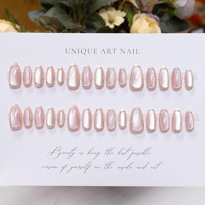 evpct Gold Line 3D Cat Eye Press On Nails Medium Almond with Designs, 3D Crystal Handmade Press on Nails for Women, Reusable Medium Almond Gel Acrylic Fake Nail Stick on Soft Nail Gold Tip
