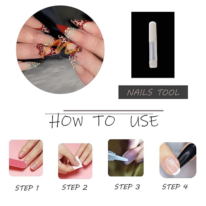 MISUD Press on Nails - Long Stiletto Fake Nails with Red French Tip, Acrylic Cheetah Rhinestone Design 24 pcs