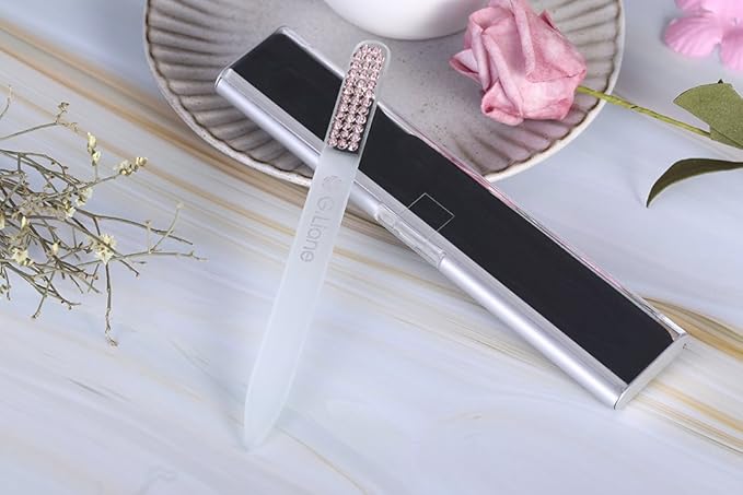 Glass Nail File with Austria Crystals Professional Crystal Fingernail Files in Aluminum Case Perfect Manicure Set for Women Men Kids Nail Care Gift Set (Pink Crystals)