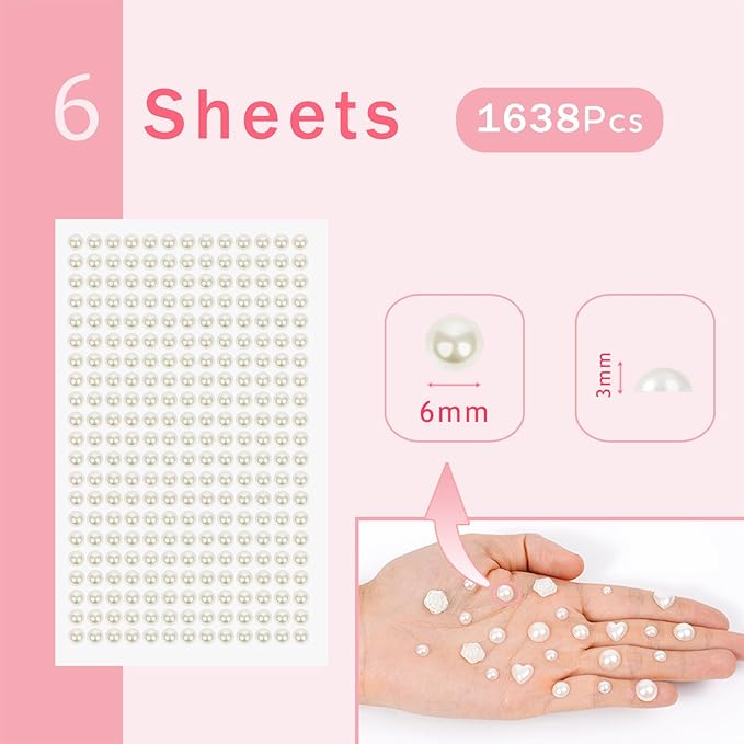 1623PCS Pearl Stickers Pearls for Crafting - Self Adhesive Pearls for Hair Face Makeup Eye Nail Crafts, Stick On Gems (6 Sheets, 6mm Round)