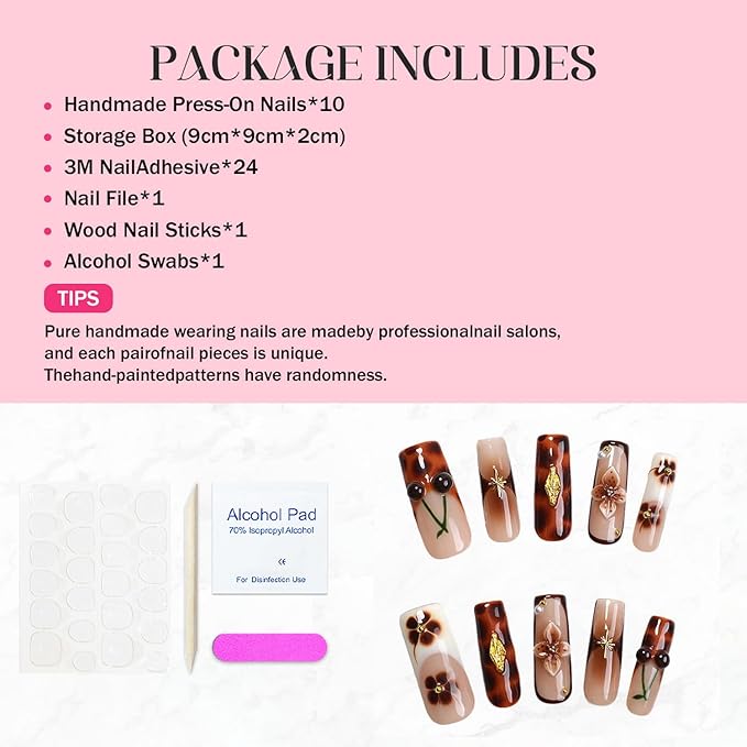 Brown French Tip Press on Nails Long Coffin Fake Nails Handmade Press on Nails 3D Luxury Flower and Cherry Embossed Designs Muti-Layer Gel Thick False Nails Glossy Acrylic Nails for Women (Size M)