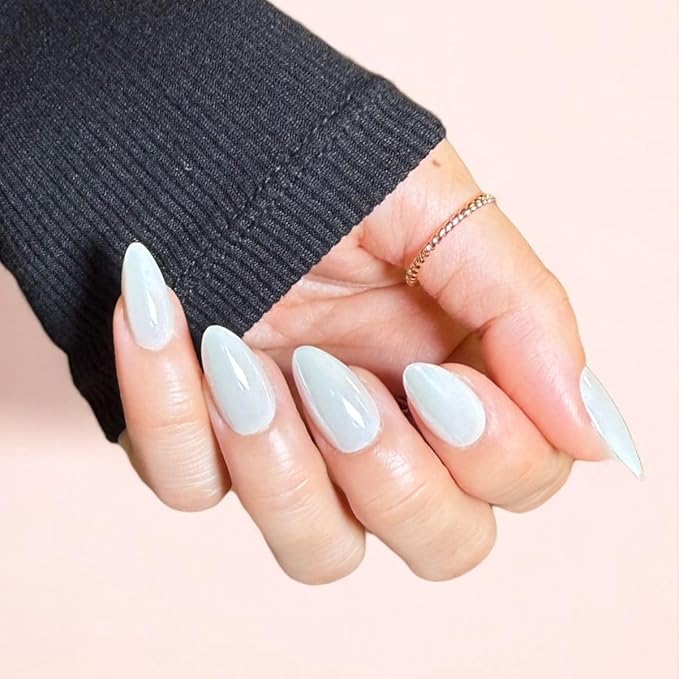 Maniology Press-On Nails Icebeam | Short Almond Shape Nail Tips – White Chrome Magnetic Base Finish Manicure Designs, Reusable, Durable & Easy Application, 30-Piece 15 Sizes False Nails Kit