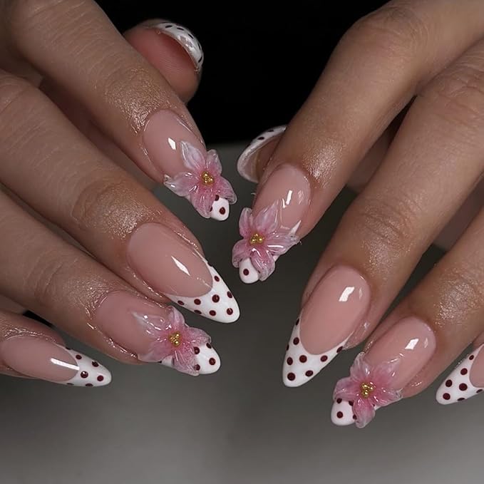 Spring Polka Dot Press on Nails Medium Almond Fake Nails French Tip Nails Press ons with Flower Design,Reusable & Easy Apply Full Cover Stick on Nails for Women Summer Vacation Manicure 24Pcs