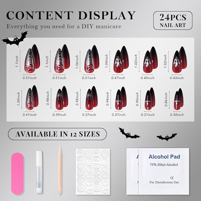Halloween Ombre Press on Nails Medium Almond with Cobweb Design, Medium Almond Red Black Ombre Artificial Fake Nails with Designs, Perfectly Fit Soft Gel Full Cover Glossy Stick on Nail for Women