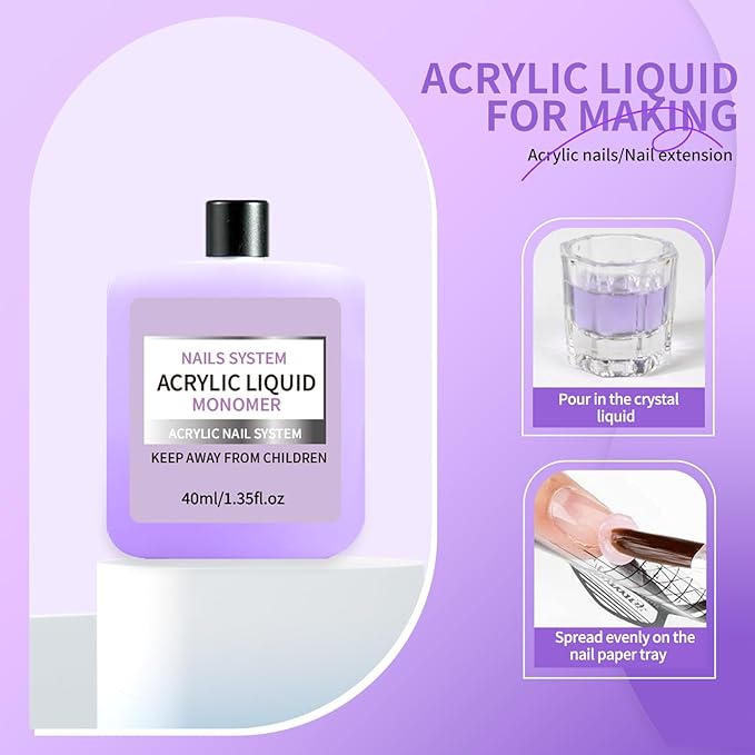 40ml Acrylic Liquid Monomer for Nail – Strong Bond for Acrylic Powder & Nail Tips, Self-Leveling for Smooth Application Sculpting, Salon Quality for Nail Techs & Lovers
