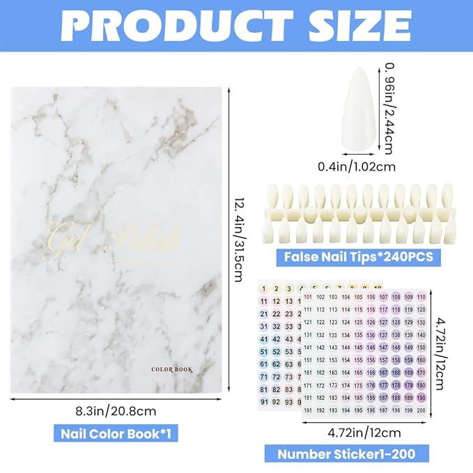160 Nail Color Book, with 240 Flase Tips & Number Sticker Labels, Professional Nail Art Salon Display Booklet Nails Color Swatches Book for Polish UV Gel(COLOR:white)