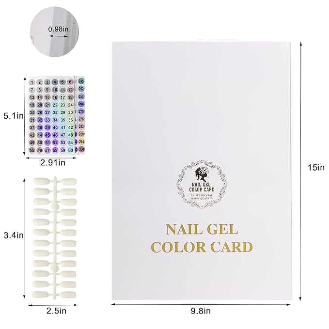 308 Colors Nail Color Chart Display Book with Number Labels, 360 Nail Tips and 312 Nail Glue Sheets, Nail Gel Polish Sample Display Card Booklet Nails Swatches Book