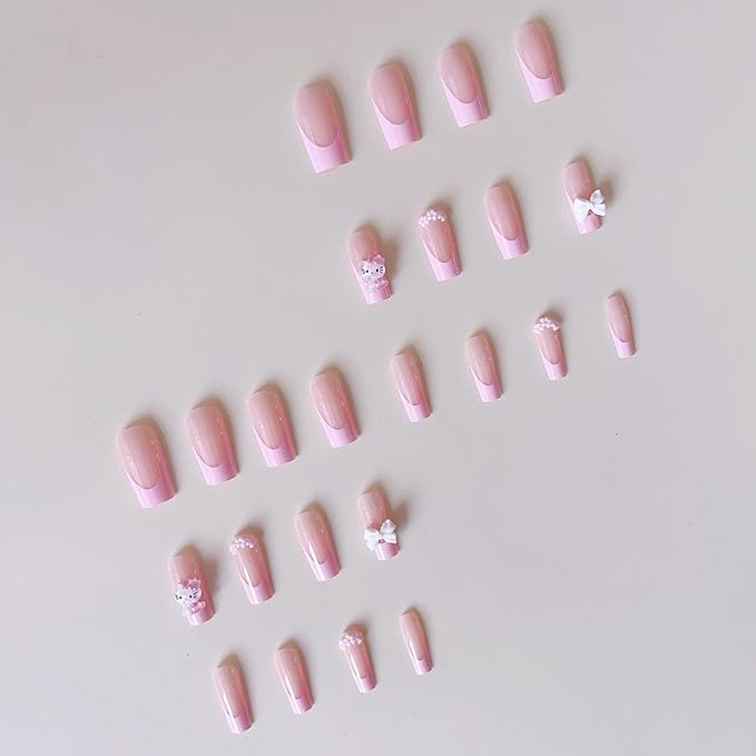 24Pcs French Tip Press on Nails Medium Pink False Nails with Bow Design,Cartoon Cute Nails Press ons Pink Stick on Nail Acrylic Nails Square False Nail for Women