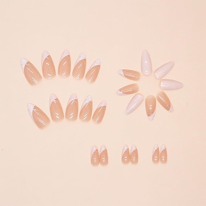 Alomnd Press on Nails Short Fake Nails Almond False Nails Press ons with Designs White Glitter Swirl Glue on Nails Cute Acrylic Nail Artificial Stick on Nail for Women Manicure