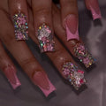 24Pcs Glitter Pink French Tip Press on Nails Medium Length Square Fake Nails with 3D Rhinestones Flower Cute Cat Full Cover Coffin False Nail with Charms Designs Acrylic Nail for Women