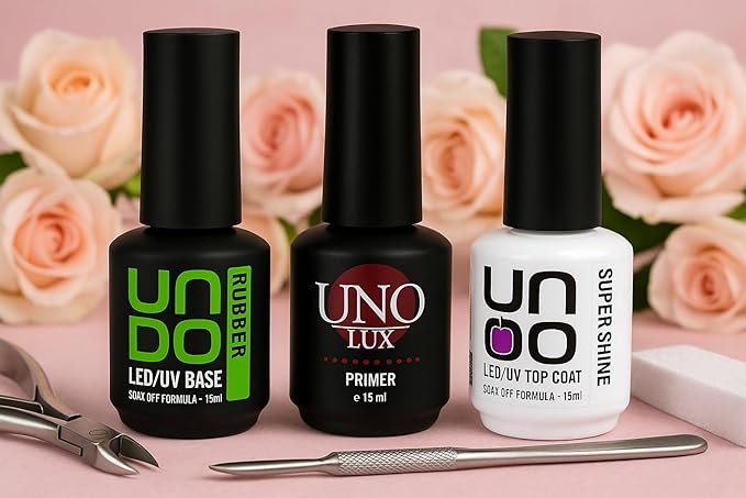 3-in-1 Rubber Base Coat + Super Shine Top Coat + Nail Primer Set – 15ML Each – Long-Lasting Gel Nail Polish System – UV LED Soak Off – Chip-Resistant, Smooth Finish