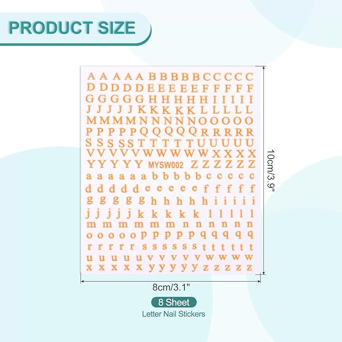 PATIKIL Letter Nail Stickers, 8 Sheet 3D Self-Adhesive English Letter Nail Decals Small Alphabet Art Sticker Metallic Fluorescence Design Manicure for Women DIY Decor, Fluorescent Orange