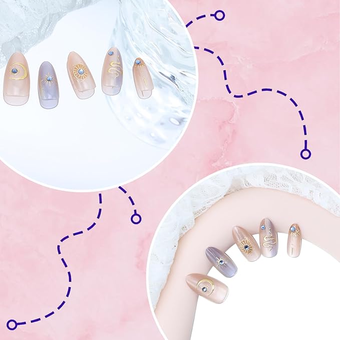 30Pcs Gold Star Press on Nails Medium Almond Fake Nails with 3D Blue Rhinestones Designs Glue on Nails Cute Moon Acrylic Nails Gold Snake French False Nails Bohemian Style Stick on Nails for Women