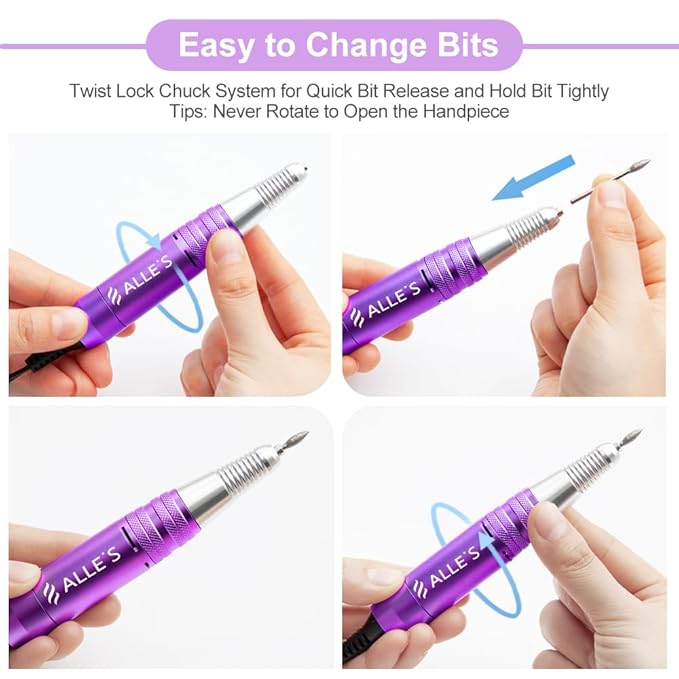 30000 RPM Professional Nail Drill Machine Efile Electric Nail Filer Kit for Finger Toe Nails, Acrylic Gel Dip Nails, Manicure Pedicure Drill with 6Pcs Bits and 106Pcs Sanding Bands, Purple