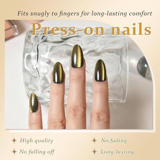 evpct Cat Eye Gold Press on Nails Almond Short, Gold Metal Short Almond Soft Gel Press on Nails with Nail Kit, Fit Perfectly, 30Pcs Reusable Acrylic Fake Press-on Nail Polish Kit for Women Gift
