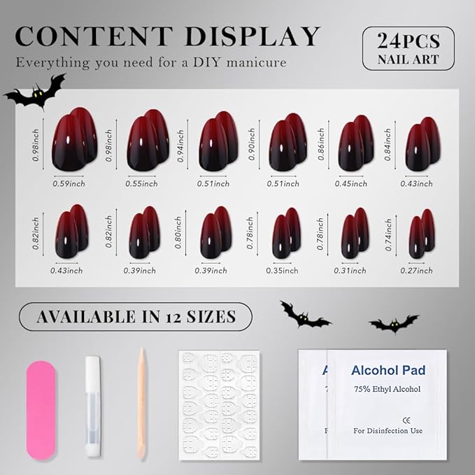 evpct Press on Nails Short Almond Ombre Design, Black to Blood Red Ombre Glossy Artificial Acrylic Fake Nails Reusable with Kit, Perfectly Fit Stick on Full Cover Soft Stick on False Nail for Women