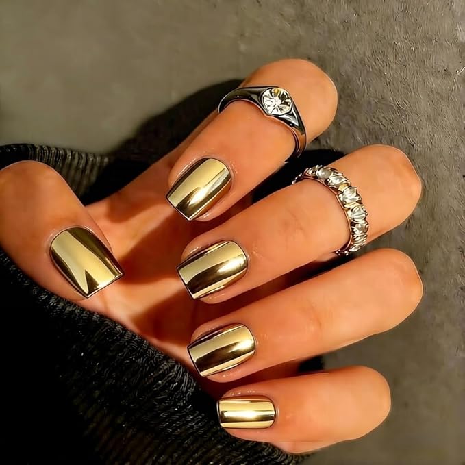 Chrome Press on Nails Short Square, Metallic Bronze Fake Nails with a Sparkle Mirror Finish, Glitter Glue on Nails for Women Birthday Party, Thick Quality Soft Gel Nail Press ons 30 Pcs