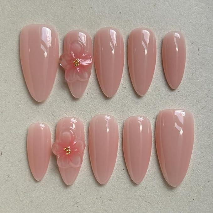 Press On Nails Medium Almond Shape False Nails, Handmade Acrylic Gel Fake Nails with Art Designs, Reusable 10 Pcs 3D Nails for Women DIY Manicure Kit