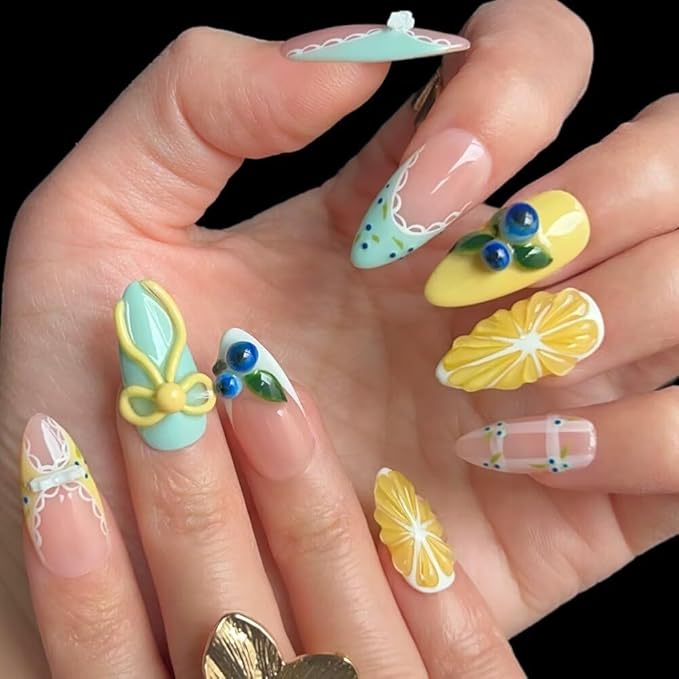 Press On Nails, 10 Pcs Handmade French Almond Fake Nails, Reusable Artificial Cute Fruit Pattern False Nails for Women 3D Acrylic Nails Kit (Size L)