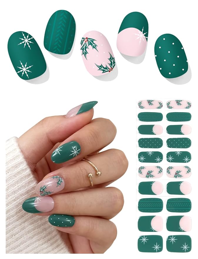 Semi Cured Gel Nail Strips (Holly Leaf N02), Christmas Green, 20 Pcs Gel Nail Wraps, Stickers, Snowflake, Wheat Ear, Works with Any UV Lamps