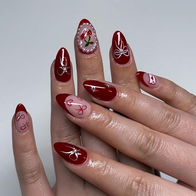 Valentines Press on Nails Short Almond Fake Nails Dark Red Nails Press ons with Cherry,Bows,Hearts,Pearls Design Full Cover Stick on Nails for Women Manicure,Reusable | Glue Tab | Easy Apply | 24Pcs