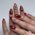 Valentines Press on Nails Short Almond Fake Nails Dark Red Nails Press ons with Cherry,Bows,Hearts,Pearls Design Full Cover Stick on Nails for Women Manicure,Reusable | Glue Tab | Easy Apply | 24Pcs