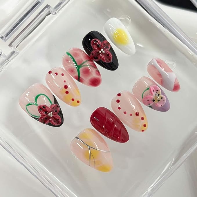 Short Almond Press On Nails Handmade Fake Nails With Red 3D Flower Design Full Cover Stick On Nail Artificial Glossy Acrylic Nail For Women Girls 10pcs (SIZE:S)