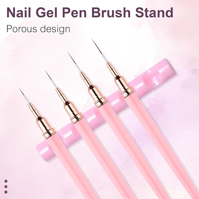 Nail Art Liner Brushes with Nail Brush Holder 5Pcs Striping Brushes Gel Polish Painting Art Design Pen Set for Fine Drawing (Pink)