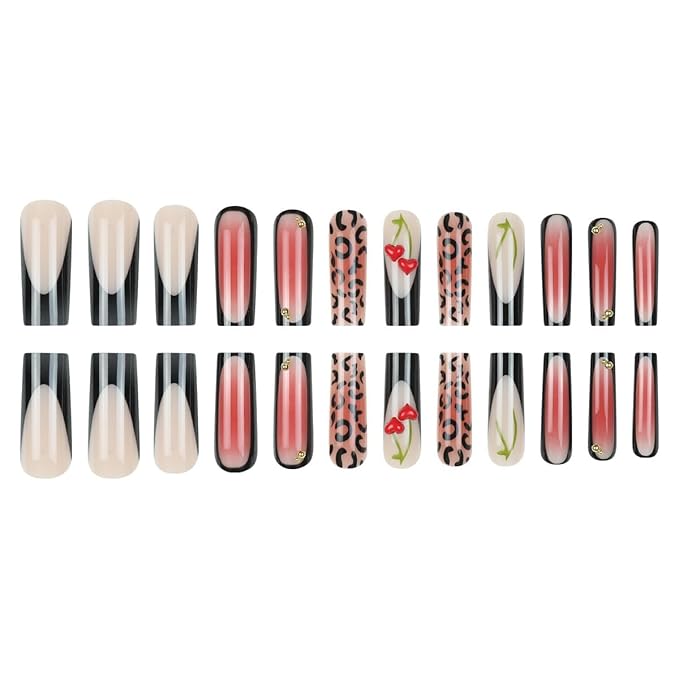Square Press on Nails Long Red Fake Nail Leopard with 3D Cherry Design Acrylic Nail Press ons Gold Charm Stick on Nail for Women 24pcs
